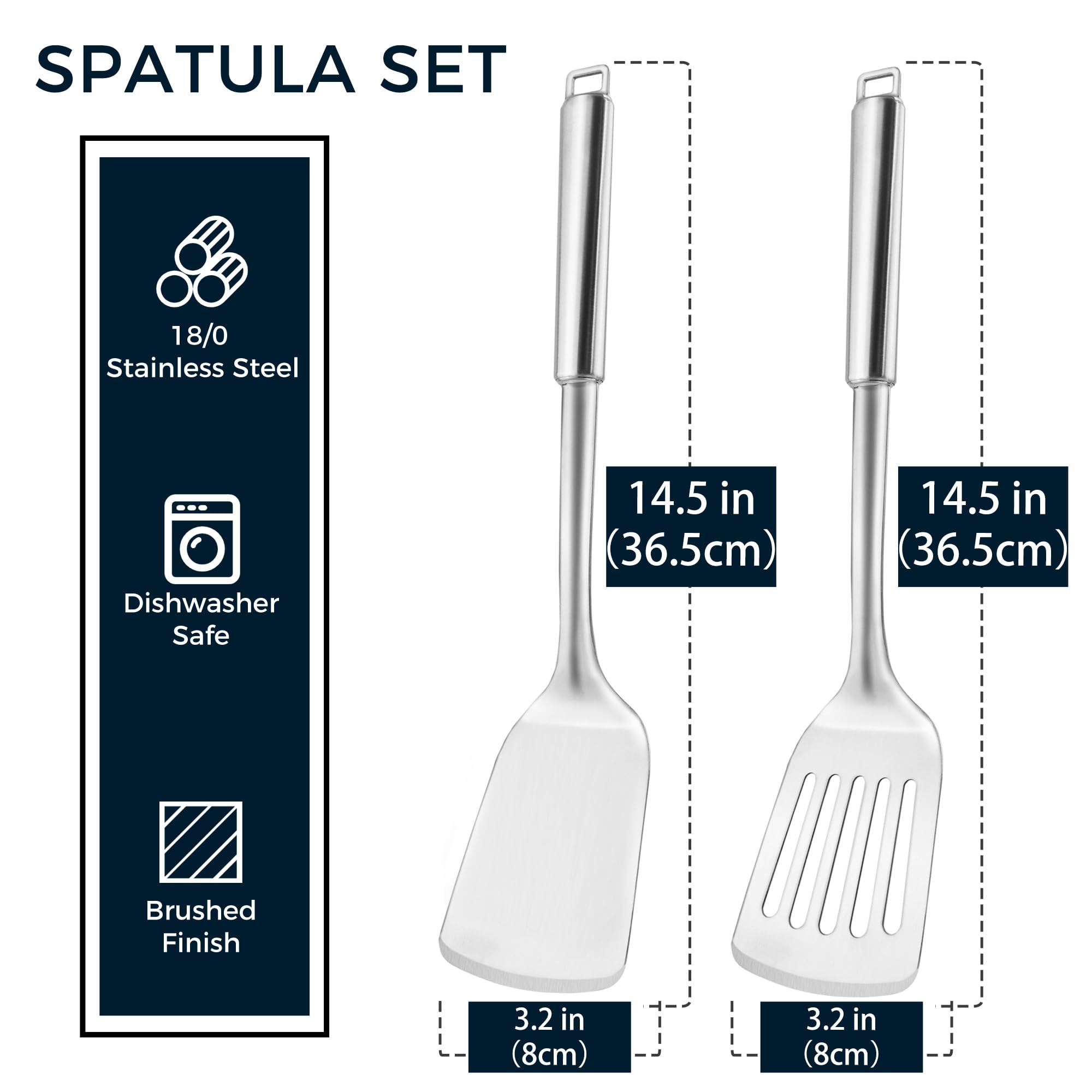 MUJINON 14.5-in Stainless Steel Spatula Set, 18/0 SS Heavy Duty Turner & Slotted Spatula for Kitchen Use, Cast Iron Grilling Frying, Pack of 2