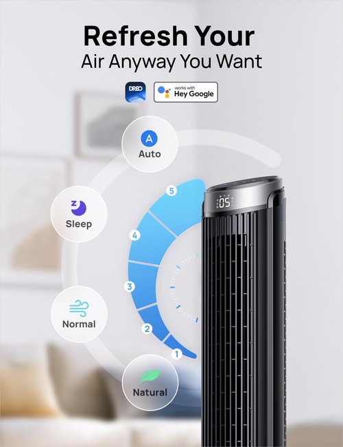 Dreo Smart Tower Fans for Bedroom, 90° Oscillating Fans for indoors, 5 Speeds 4 Modes Max 26ft/s, 12H Timer, LED with Touch, Remote Control, 40" Quiet Bladeless Standing Floor Fan for Home Office