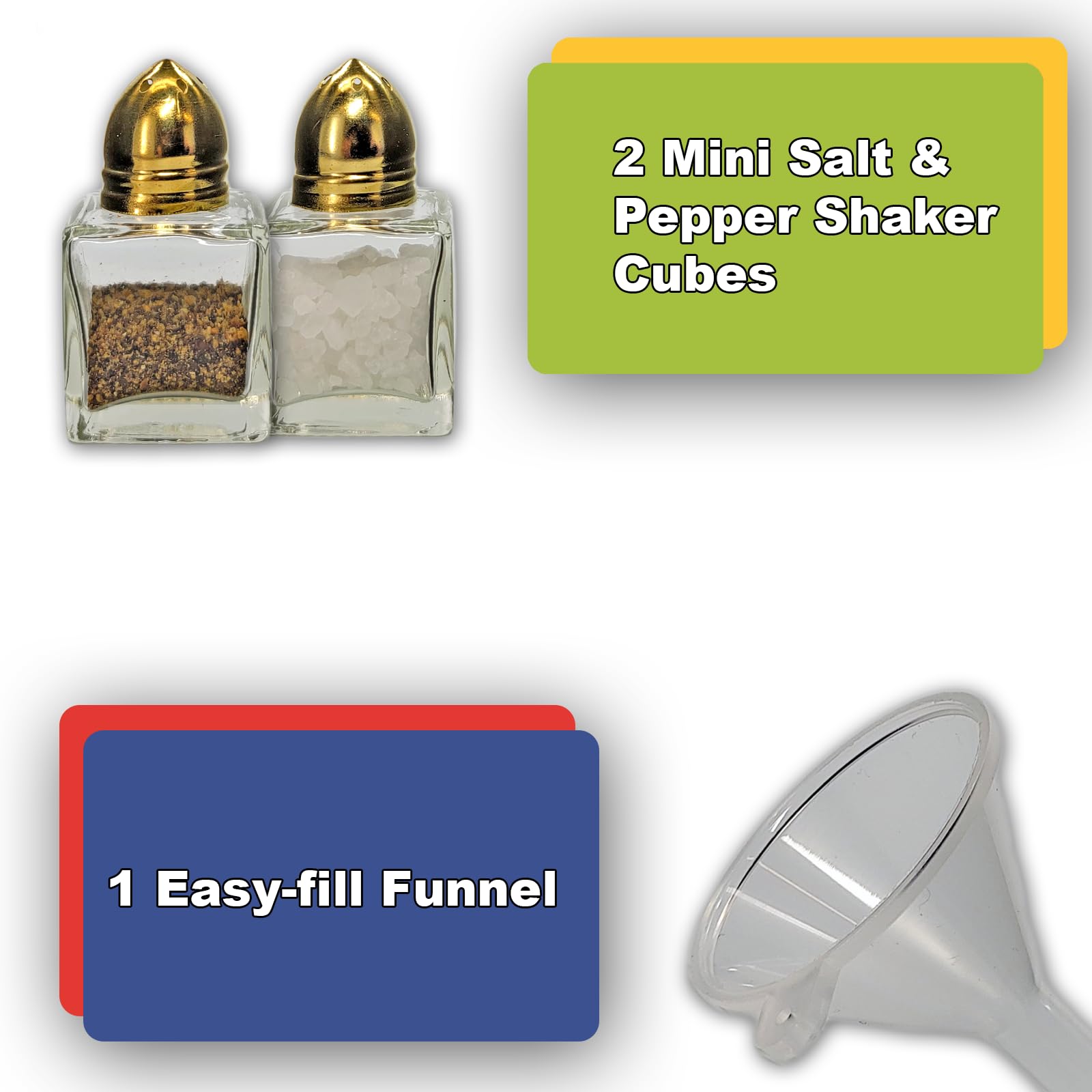Pack of 2 Clear Glass Mini Cube Salt & Pepper Shakers with Gold-Tone Tops and BONUS Easy Fill Funnel by NetSellsIt