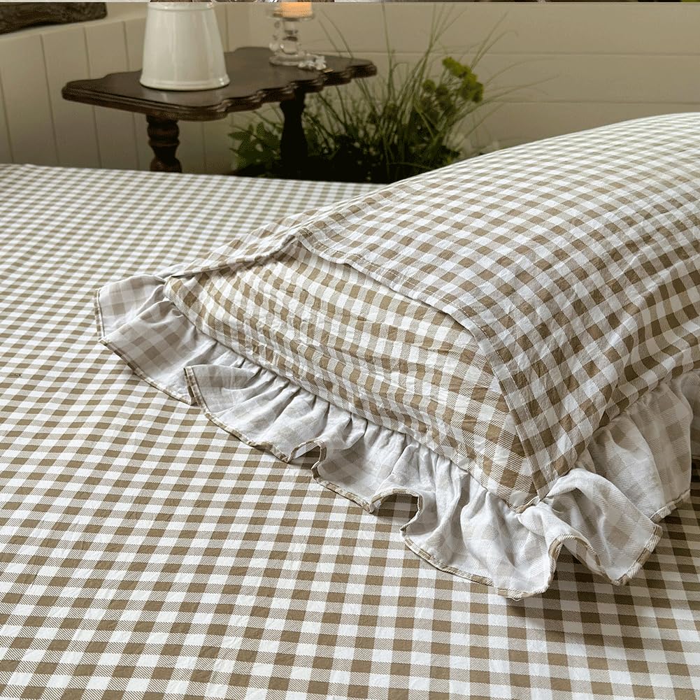 NSNLGSGC Tan Ruffled Plaid Gingham Standard Size Pillow Shams 20"x26", Set of 2 Taupe Checked Pre-Washed Microfiber Farmhouse Pillowcases for Bed/Sofa (20"x26", Tan Gingham)