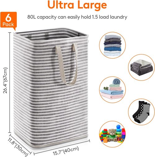 Lifewit Laundry Basket Set - 6 Pack 80L Collapsible Hampers with Reinforced Handles | Waterproof Design in Black