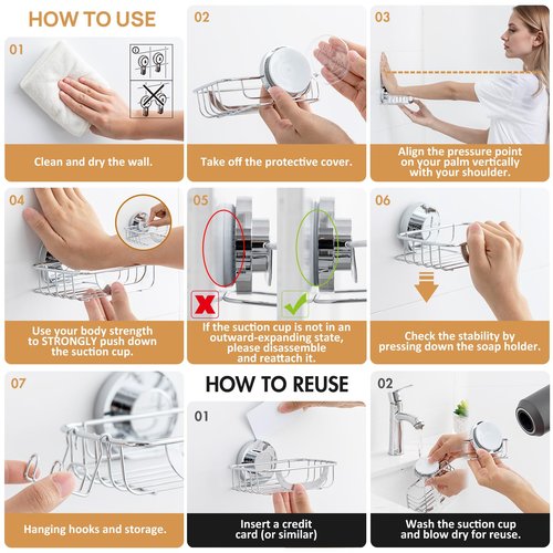 LEVERLOC Bar Soap Holder Dish with Hooks, Soap Tray Suction Cup Wall Mounted for Shower, Stainless Steel Sponge Holder Caddy for Bathroom Kitchen Sink Organizer, Rustproof, Silver