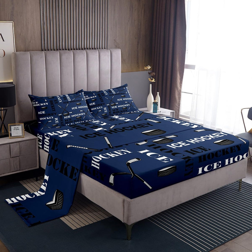 Feelyou Boys Ice Hockey Bed Sheets Twin Size Sports Hockey Pucks Print Sheets Set for Kids Teens Girls Ball Gamer Decorations Bedding Set Blue Fitted Sheet Set Bedroom All Season 1 Pillowcase