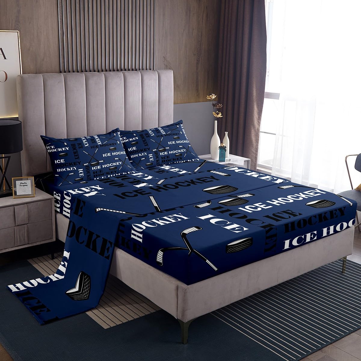 Feelyou Boys Ice Hockey Bed Sheets Twin Size Sports Hockey Pucks Print Sheets Set for Kids Teens Girls Ball Gamer Decorations Bedding Set Blue Fitted Sheet Set Bedroom All Season 1 Pillowcase