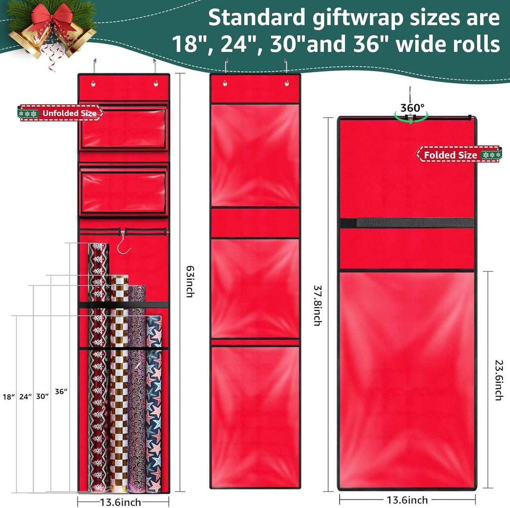 Woodoulogy Hanging Gift Wrapping Paper Storage - 40x17 Black Organizer & 63x13 Red Over-Door Bag