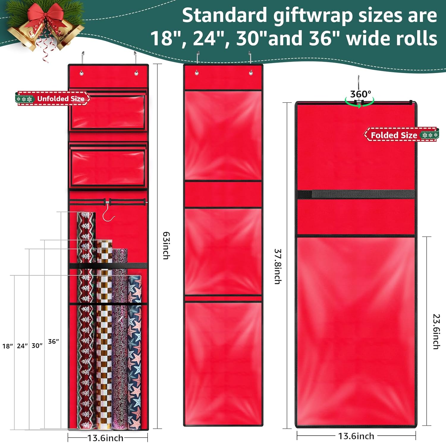 Woodoulogy Hanging Gift Wrapping Paper Storage - 40x17 Black Organizer & 63x13 Red Over-Door Bag