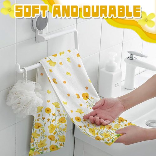 LIOQUN Yellow Flower Summer Hand Towel Set of 2, Hello Sunshine Hand Towels, 18x26 Inch, Daisy Flower Towel for Bathroom Home Kitchen, Soft Towel Spring Summer Holiday Decoration