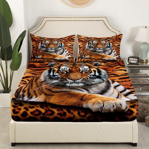 Manfei Tiger 3D Print Fitted Sheet Twin Size Wild Animals Bedding Set 2pcs for Kids Teens Room Decor,Animal Fur Bed Cover Soft Breathable Bed Sheet Set with 1 Pillowcase