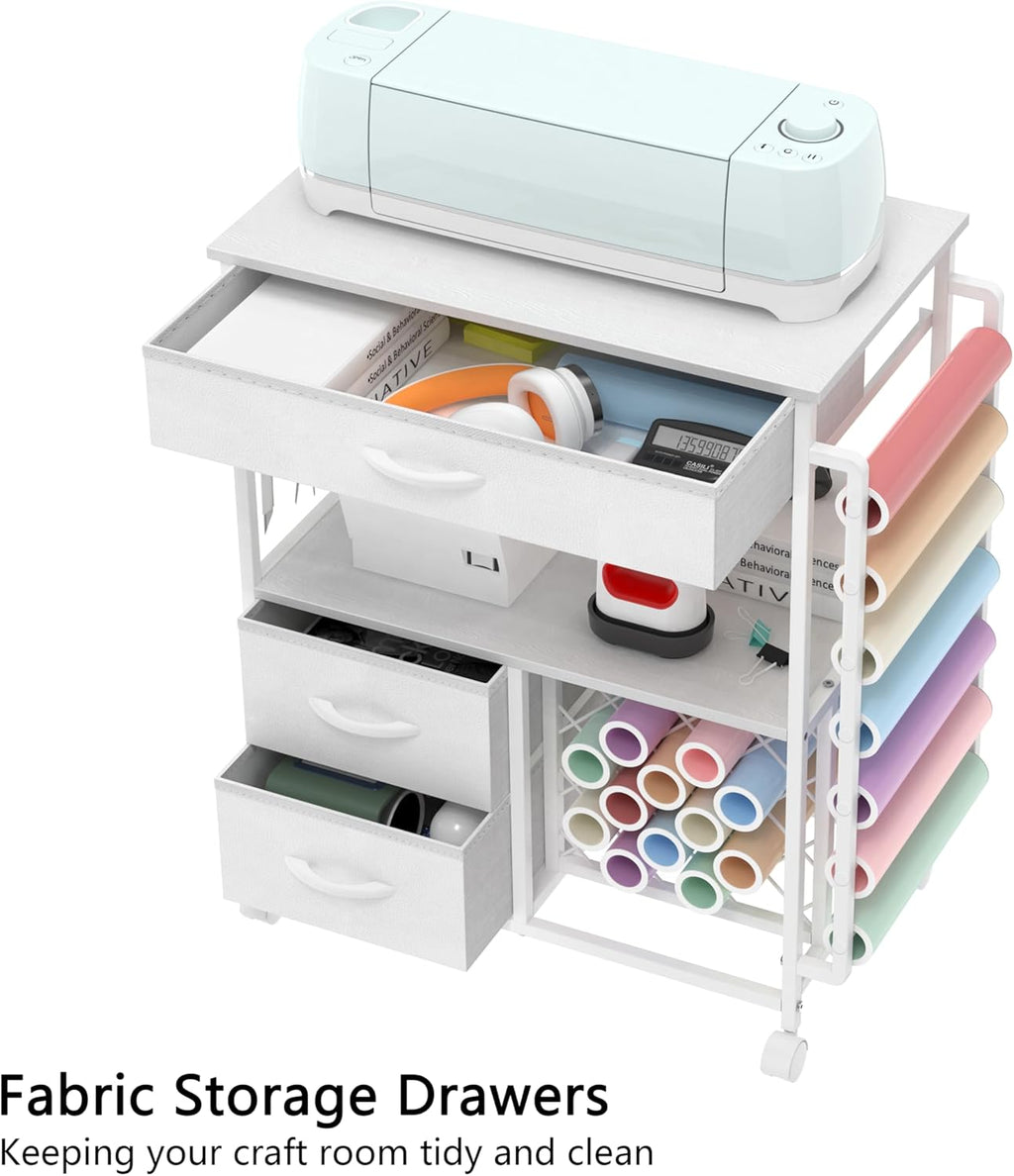 VENNQD Storage Cart - Cricut Machine Stand with Drawers & Vinyl Roll Holder | White Craft Cabinet