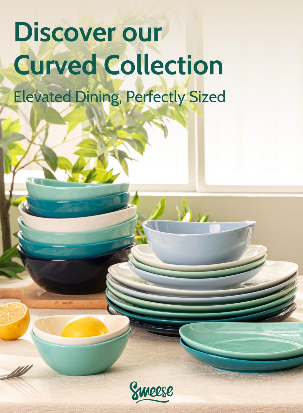 Sweese 11 Inch Porcelain Dinner Plates, Set of 6 - Beige, Vitrified China, Curve Collection, Dishwasher Microwave Safe