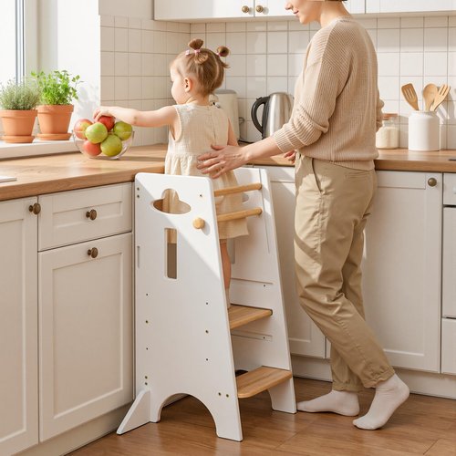 COSYLAND Toddler Standing Tower Adjustable Height (NO Wide Back Panel) - Super Stable Toddler Kitchen Stool Helper - 3 Levels Adjustable Wooden Kids Kitchen Stool (Natural & White)