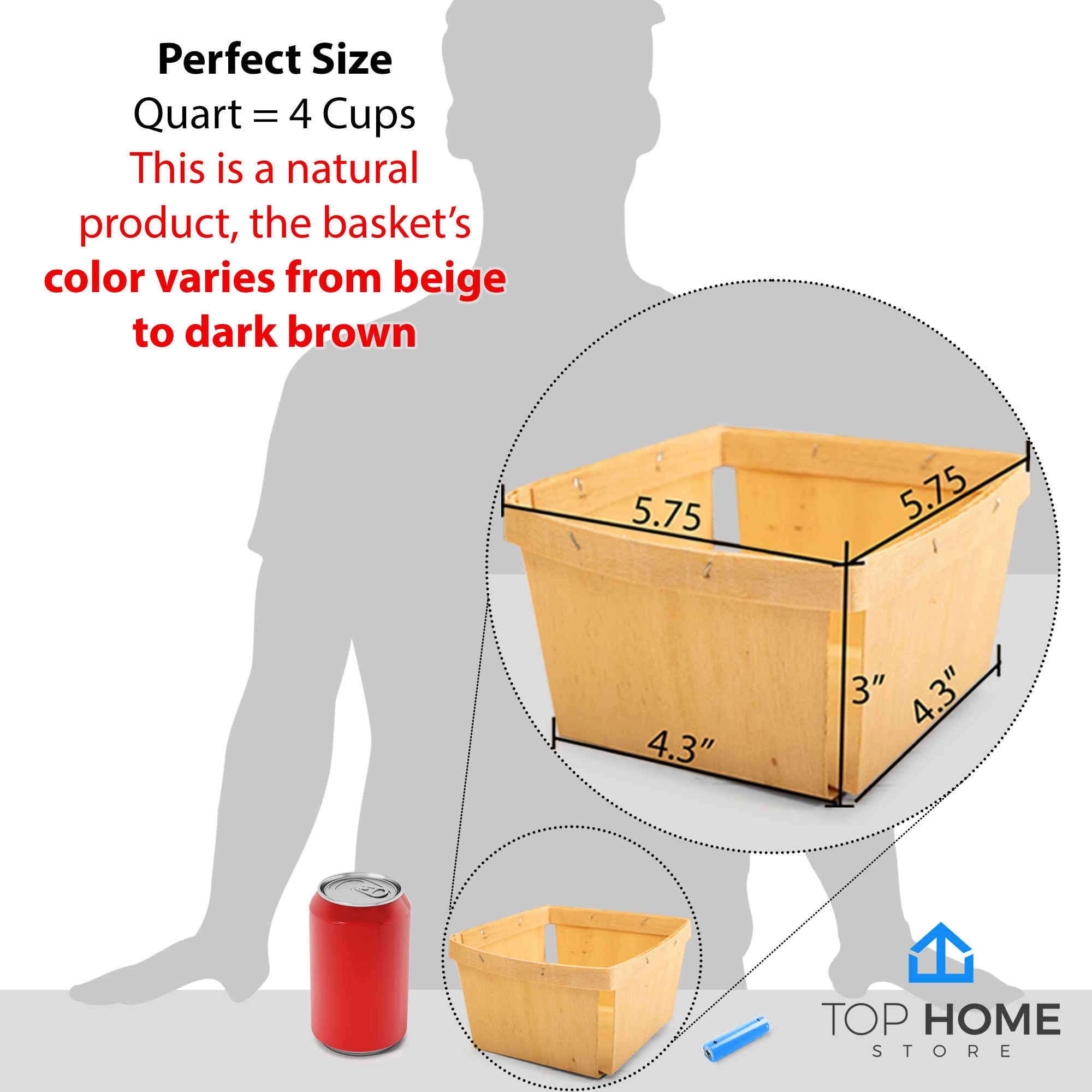 Top Home Store One Quart Wooden Gift Baskets (25 Pack); for Picking Fruit or Arts, Crafts and Decor; 5.75” Square Vented Wood Boxes