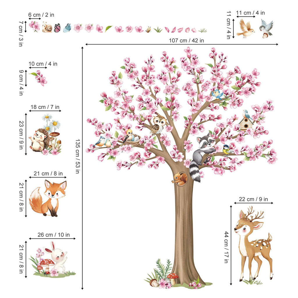 decalmile Woodland Animals Large Flower Tree Wall Decals Cherry Blossom Deer Fox Wall Stickers Baby Nursery Kids Bedroom Living Room Wall Decor