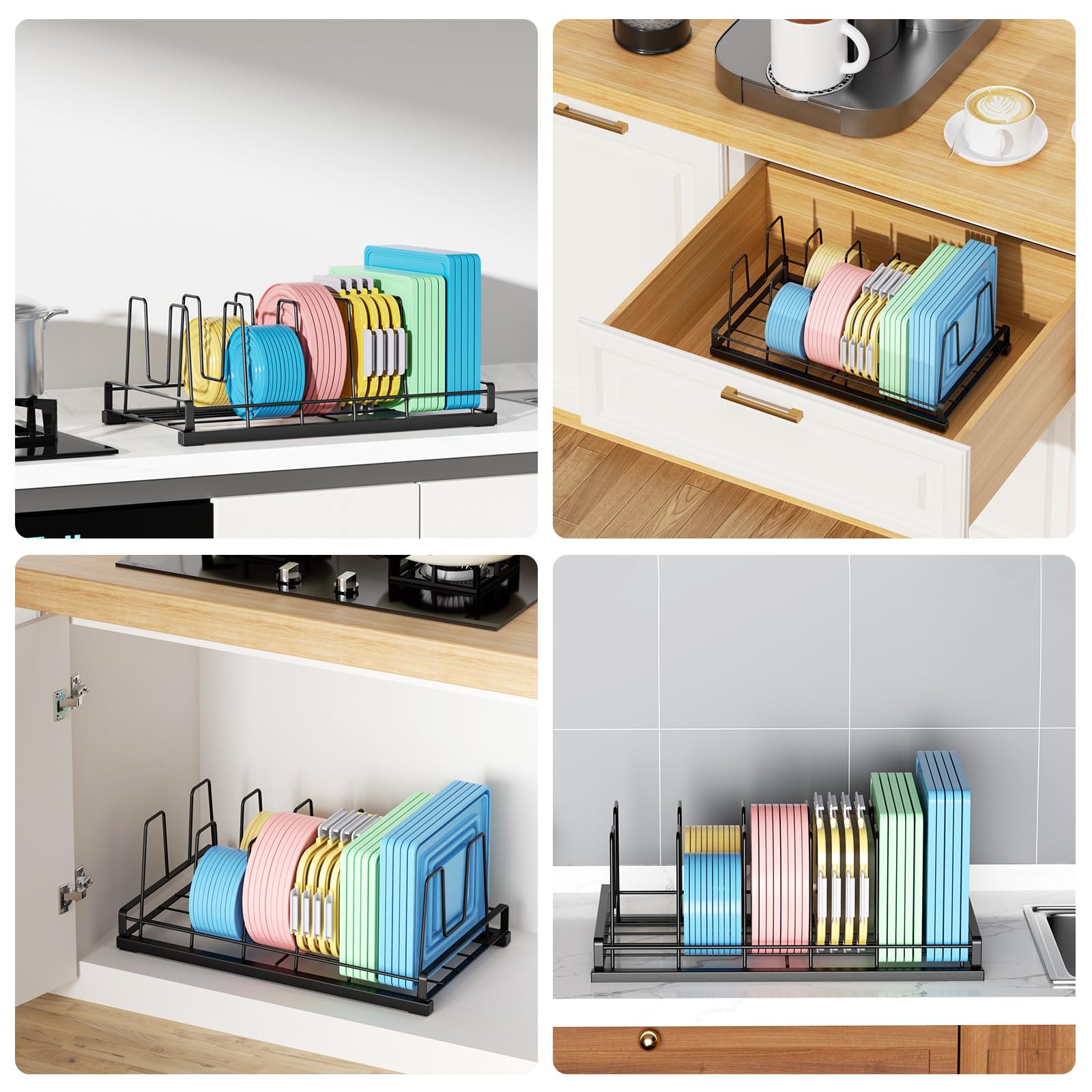 Food Container Lid Organizer for Cabinet, 6 Adjustable Dividers Metal Pot Lid Organizer, Pots and Pans Organizer Under Cabinet Storage Plastic Lids Pots Cookie Sheets for Cabinets, Cupboards, Drawers