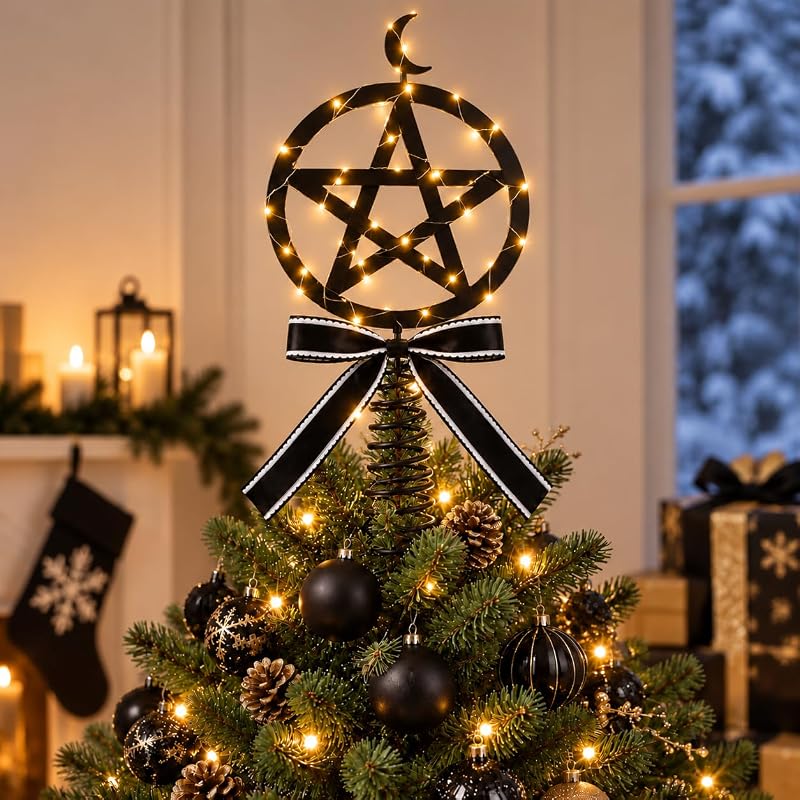 14 Inch Black Gothic Pentagram Tree Topper with Crescent Moon and Bow