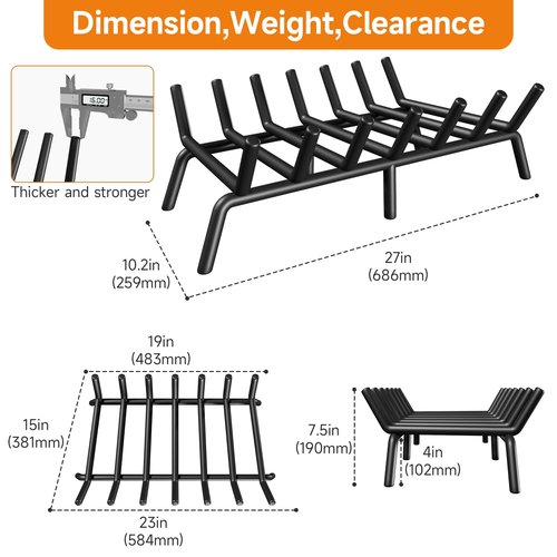 SUZLON Fireplace Grate 27 inch 7 Bar Fireplace Log Grate Heavy Duty Solid Steel Indoor Chimney Hearth with 6 Enhanced Stability Legs Kindling Tools Pit Wood Stove Firewood Burning Rack Holder