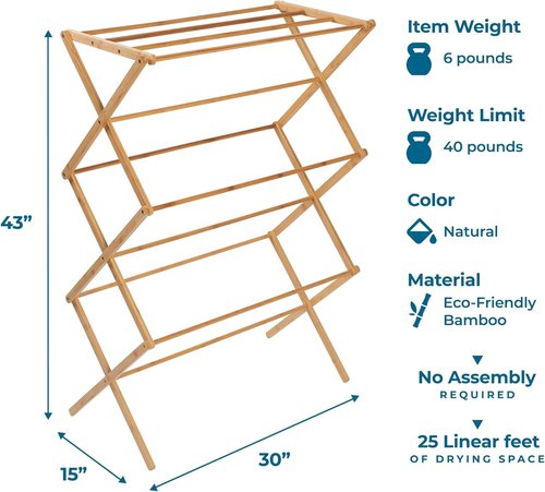 Honey-Can-Do Collapsible Bamboo Drying Rack - Sturdy & Portable Space-Saving Air-Drying Solution for Clothes, Towels & Delicates