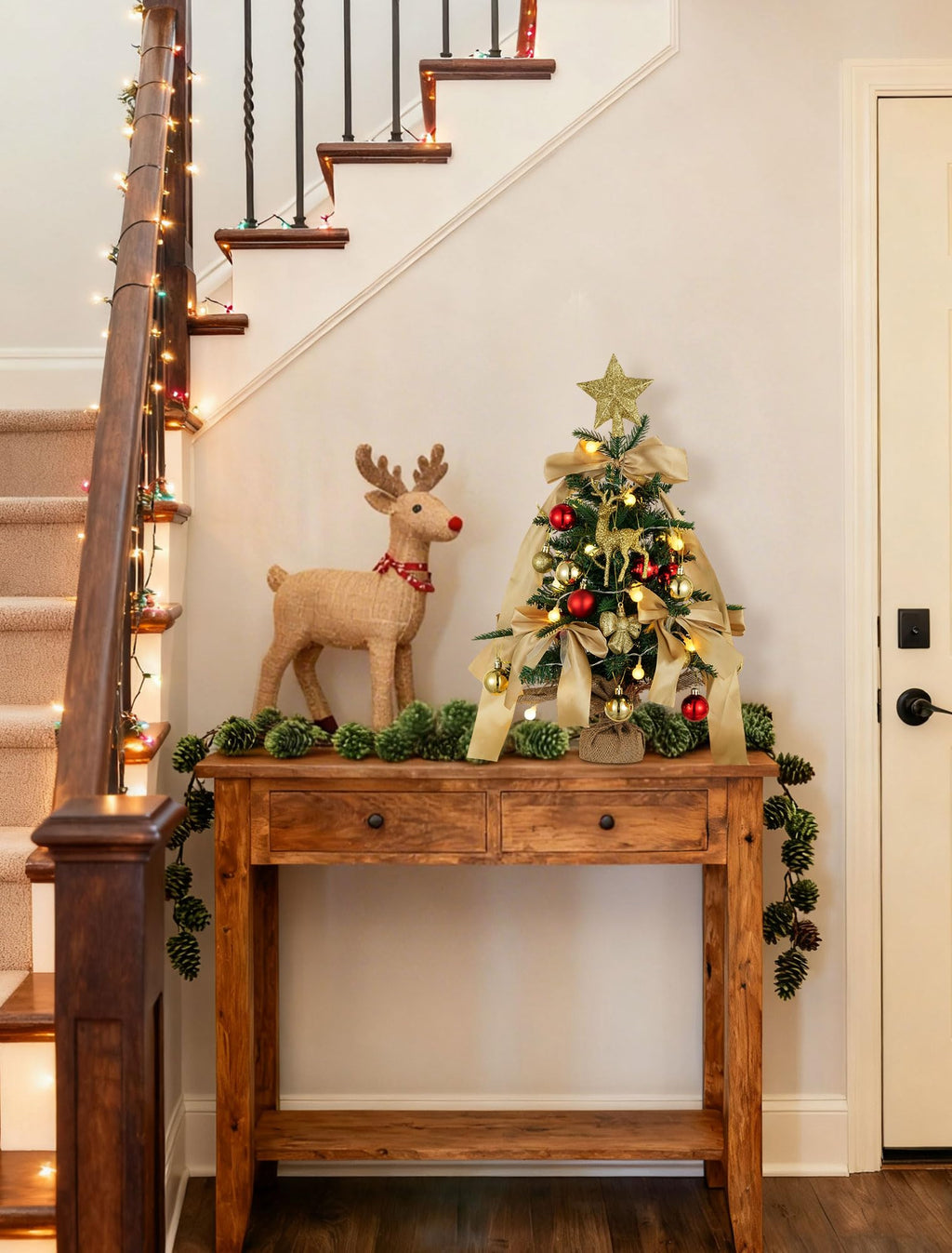 BLOSMON Small Christmas Tree with Lights: 2ft Mini Table Top Christmas Tree with 25 LEDs Timer Gold Ribbon Bow Reindeer for DIY- Lighted Artificial Xmas Trees for Home Office Desk