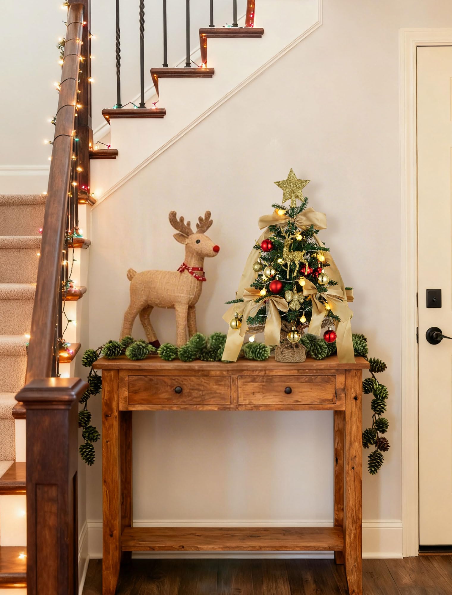 BLOSMON Small Christmas Tree with Lights: 2ft Mini Table Top Christmas Tree with 25 LEDs Timer Gold Ribbon Bow Reindeer for DIY- Lighted Artificial Xmas Trees for Home Office Desk
