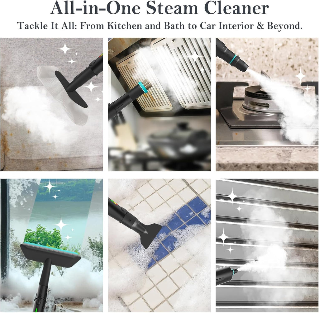 Skiennix Steam Cleaner - 3-Level Adjustable Handle, 15s Heat-Up, 1.8L Tank, 12 Accessories | Ideal for Home & Car Cleaning