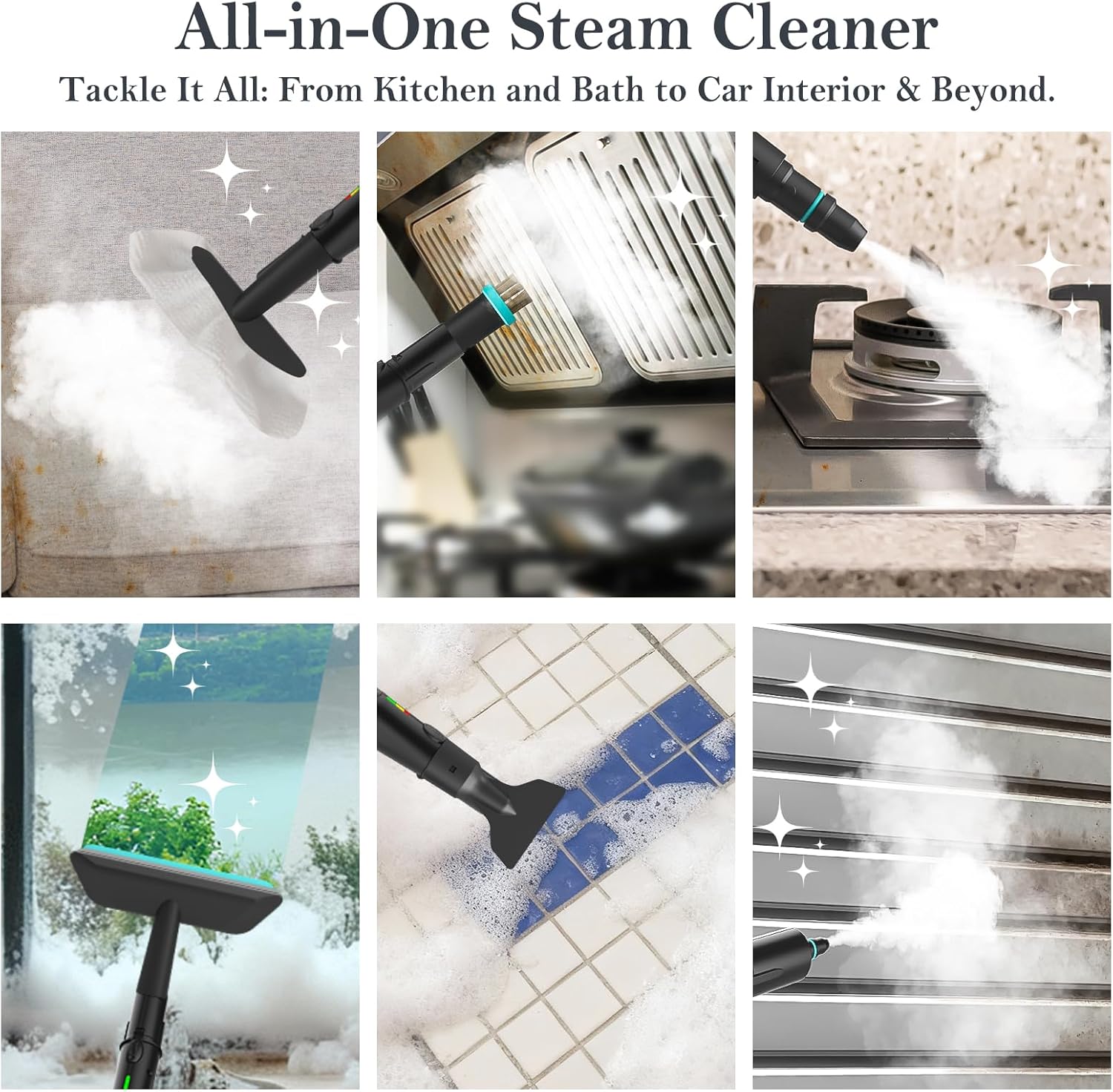 Skiennix Steam Cleaner - 3-Level Adjustable Handle, 15s Heat-Up, 1.8L Tank, 12 Accessories | Ideal for Home & Car Cleaning