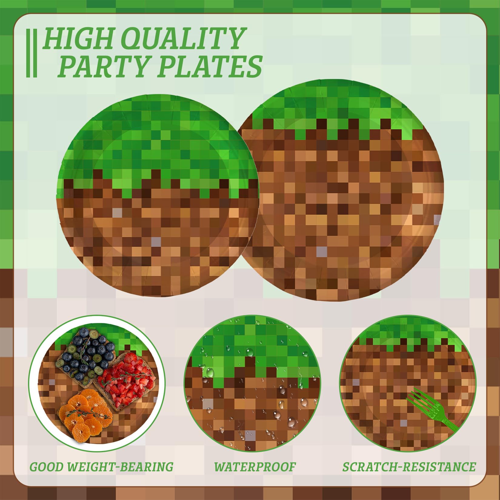 100Pcs Pixel Party Decorations Gamer Party Supplies for 25 Guests- Pixel Mining Craft Theme Disposable Birthday Party Tableware Pack Includes Plates, Napkins, Plastic Forks
