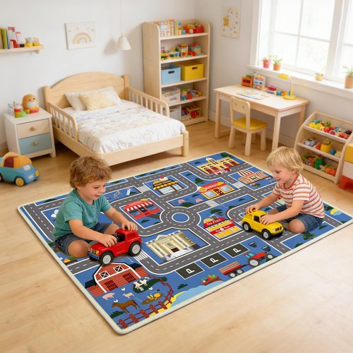 Xyrjova Play Mat Kids Rug for Boys and Girls, 31x47in Non-Slip Playroom Rug Car Rugs for Kids Toy Cars Kid Classroom Road Rugs for Kid
