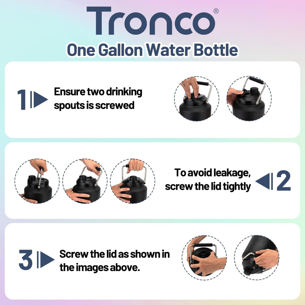 Tronco 1 Gallon Water Bottle, 128 oz Large Stainless Steel Triple Wall Vacuum Insulated Water Jug with Straw Lid and Spout, Keep Cold 48 Hrs, Top Handle, Leak Proof, Wide Mouth, Sweat Proof, BPA Free
