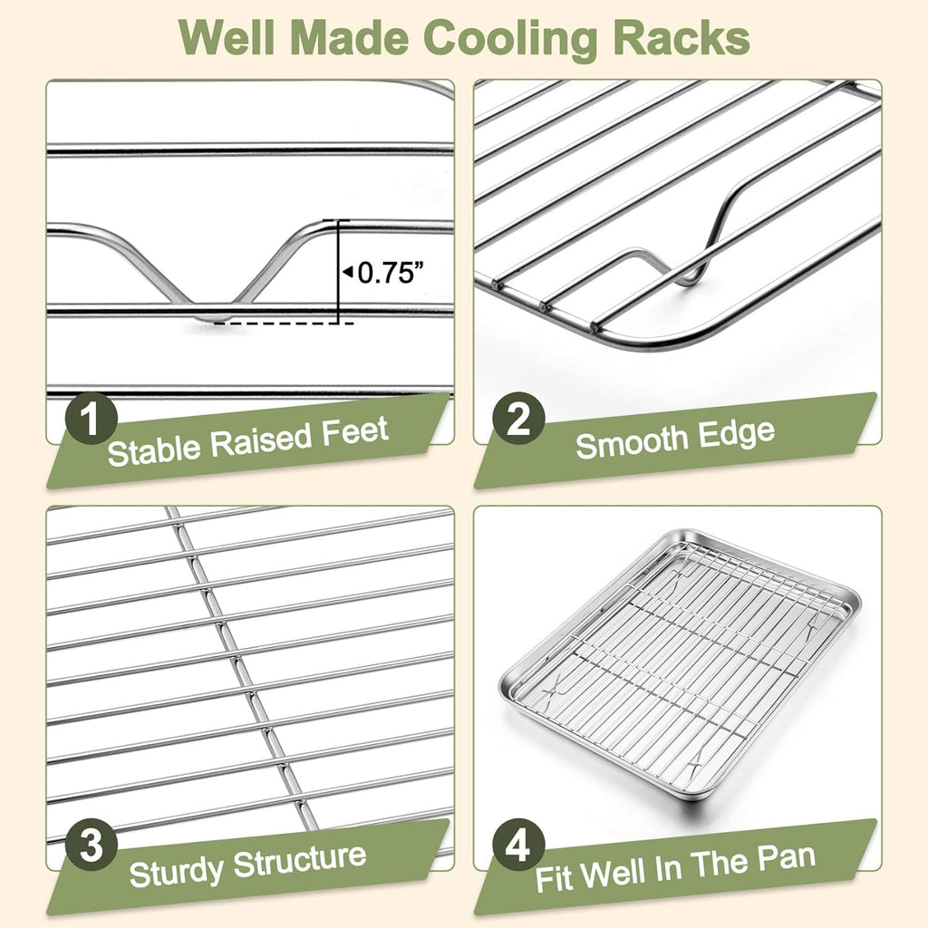 TeamFar Baking Sheet Set - 3 Stainless Steel Cookie Sheets with Racks | Non-Toxic, Heavy Duty, Dishwasher Safe, 16/12.5/9 Inch
