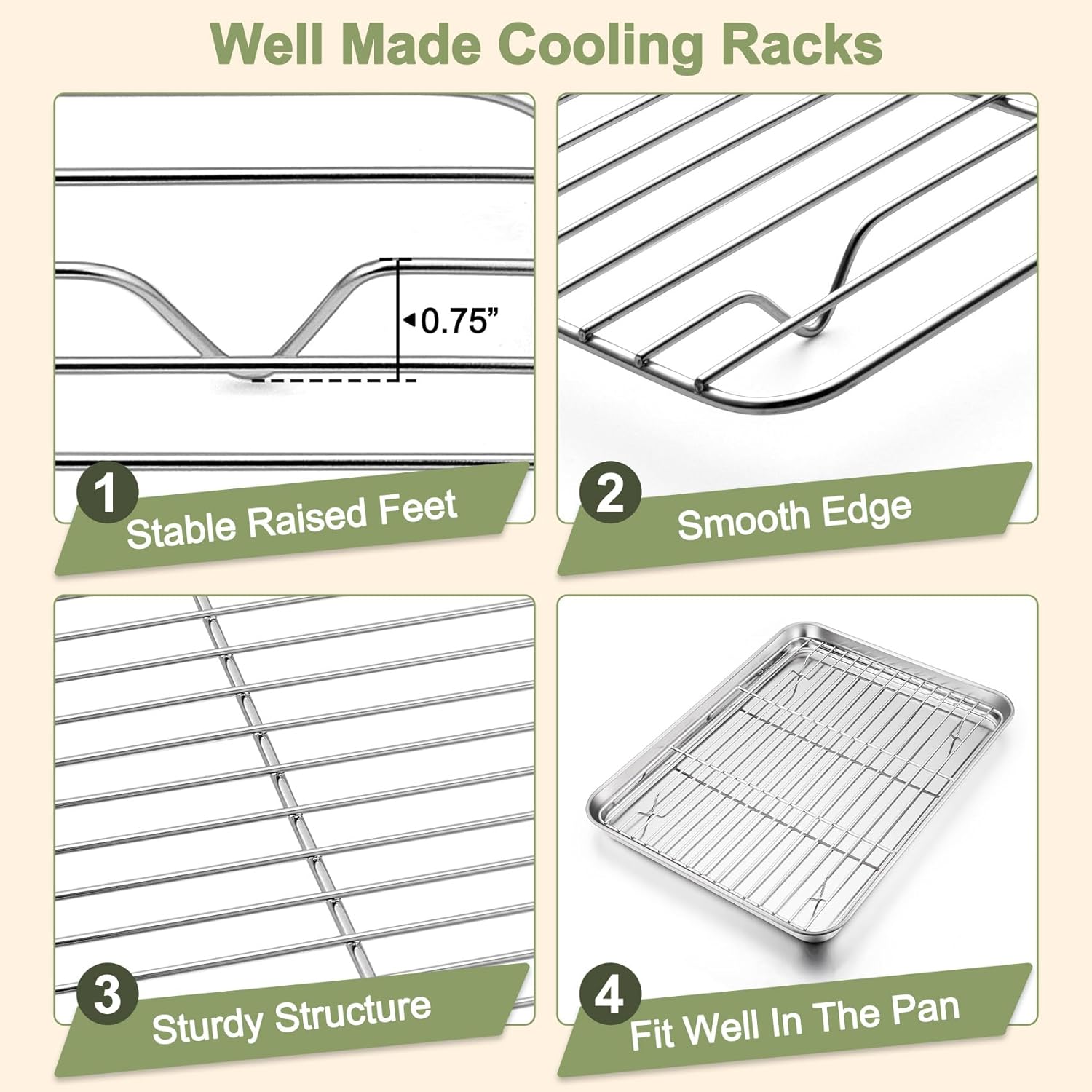 TeamFar Baking Sheet Set - 3 Stainless Steel Cookie Sheets with Racks | Non-Toxic, Heavy Duty, Dishwasher Safe, 16/12.5/9 Inch