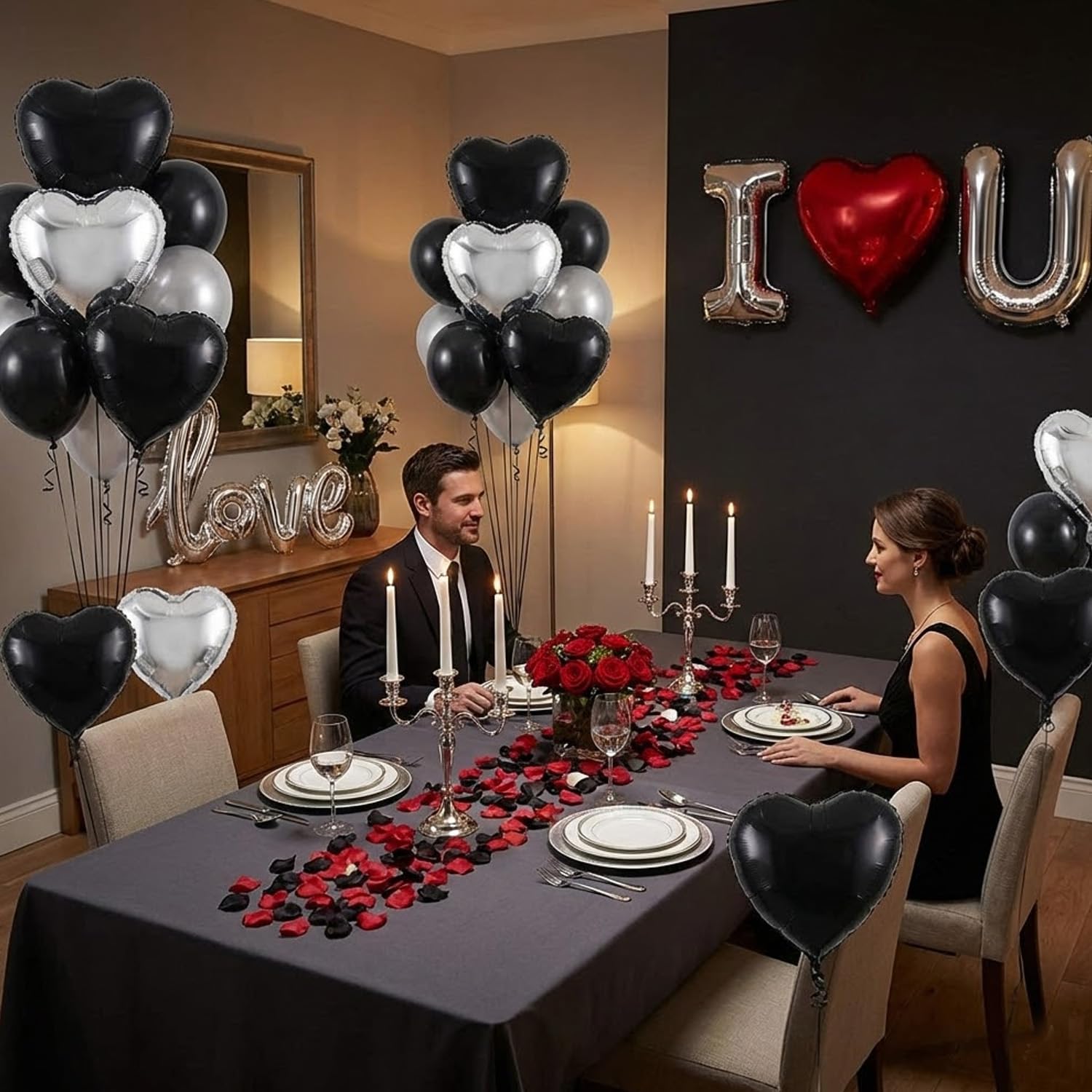 Black Silver Romantic Special Night Decorations with I Love You and Heart Balloons & 600 Rose Petals for Anniversary, Valentine Day, Bedroom, Hotel Room, Birthday Decorations for Him