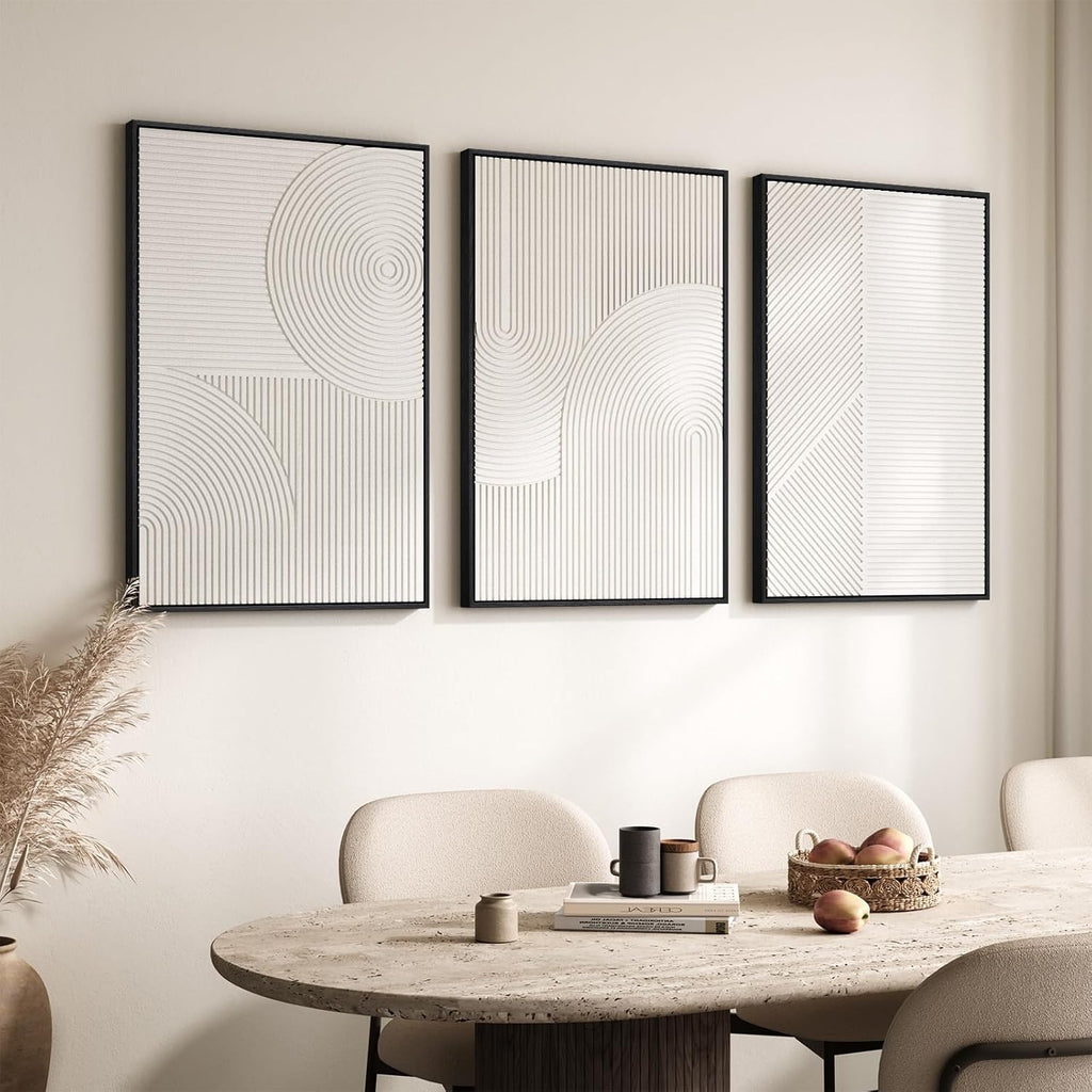 Skiennix Large Framed 3D Textured Abstract Wall Art - Modern White Geometric Decor | 24x36 In, 3 Piece Set