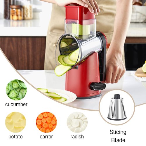Weltonhm Rotary Cheese Graters with 4 Blades, Hand Crank Cheese Grater with Waffle Slicer, Red, Black and White Cheese Shredder with Suction Base, Easier for Shredding & Grating (Red, 4 Graters)