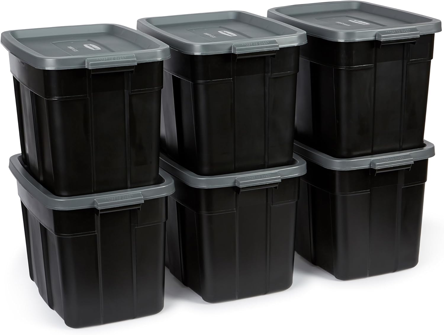 Rubbermaid 18 GAL Garage Storage Bins - Heavy-Duty, Stackable, Durable Plastic - Solid Black & Grey (6 Pack)
