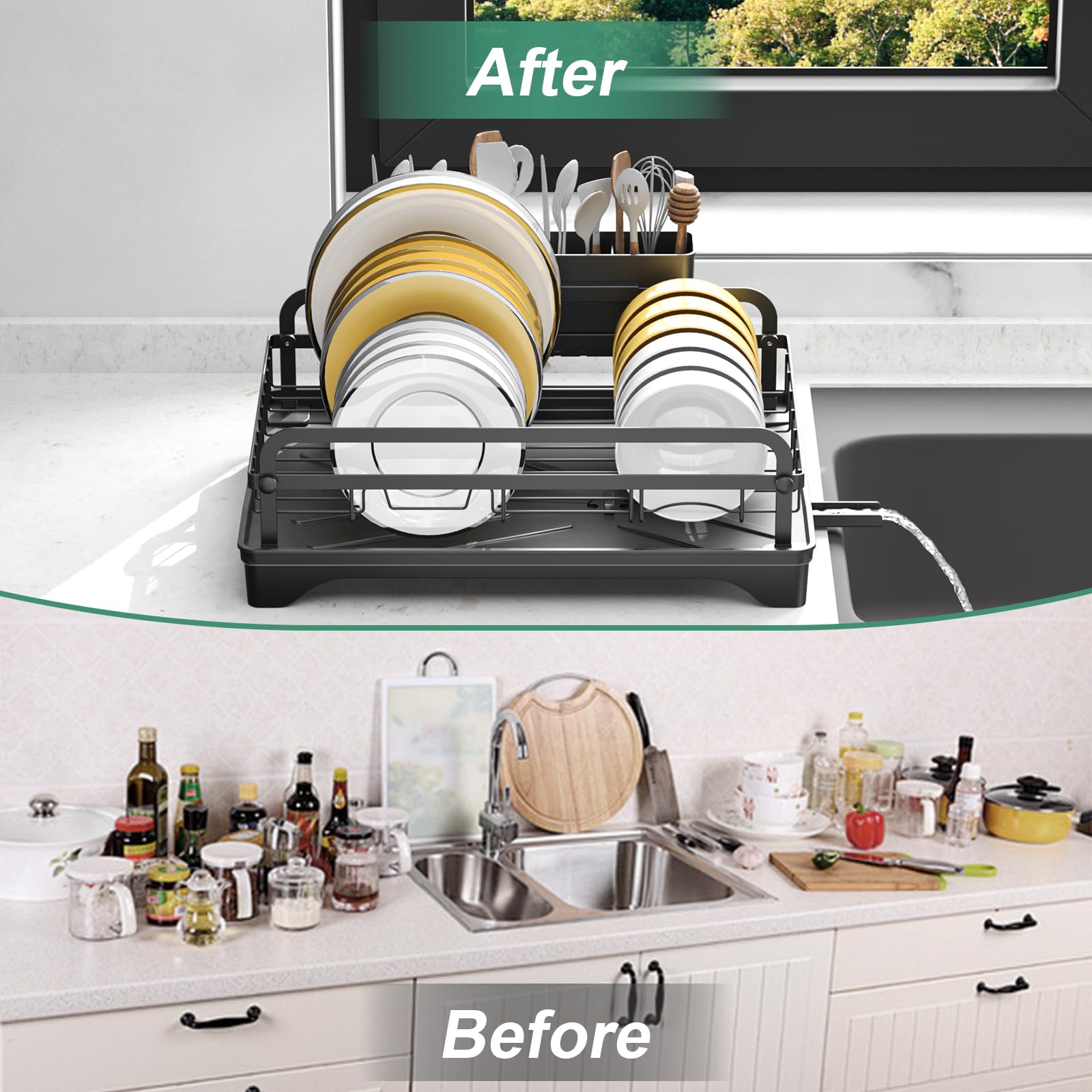 HOMEAILIE Dish Drying Rack for Kitchen Counter, Large Dish Drying Rack with Utensil Holder & Cutlery Tray, Dish Drainer with Drainboard, Black