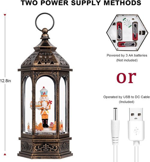 12.8'' Christmas Gingerbread Nutcracker Snow Globe Lantern, Lighted Animated Rotating Train with Musics Swirling Glitter Water Lantern Decoration for Home