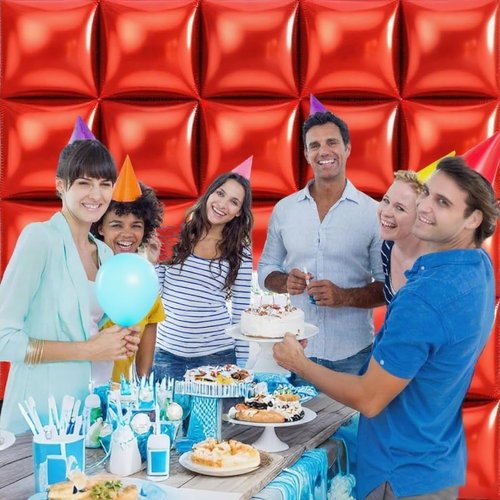 HKYOOD 36pcs Red Square Foil Balloons Wall Backdrop with 79pcs Balloon Garland Arch Kit, Double Sided Balloons for Birthday Bridal Shower Anniversary New Year Valentine's Day Prom Party Decorations