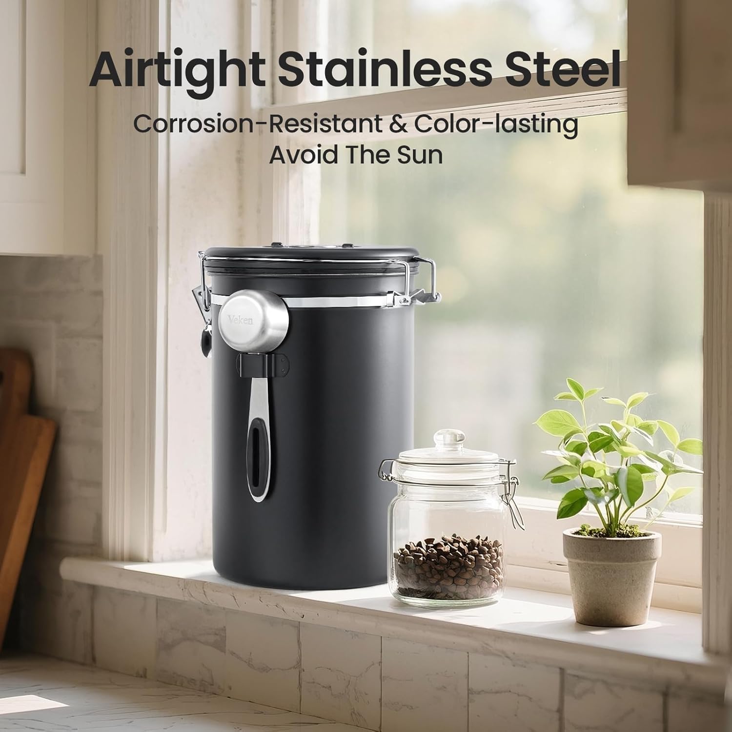 Veken Coffee Canister - Airtight Stainless Steel Food Storage Container | 39oz for Coffee, Sugar & Tea