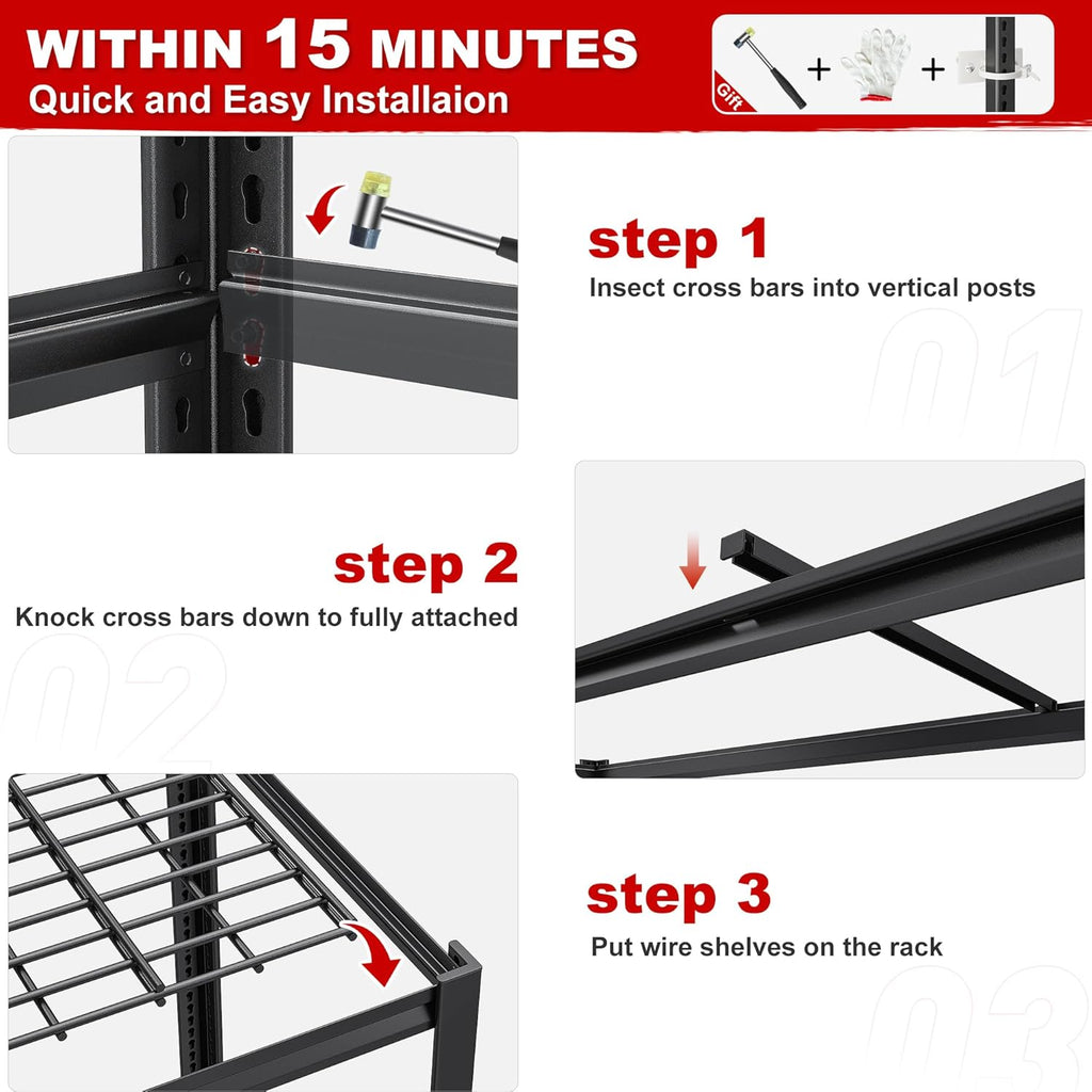 REIBII Heavy Duty Garage Shelving - Adjustable 6-Tier Metal Storage Unit, 55" W x 26" D x 84" H, Black | 3 Pack