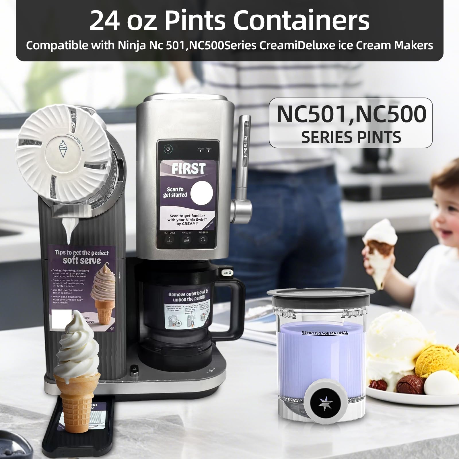 OVRRCSME 4 Pack creami swirl pints and Lids,NC700 Makers Containers Cups creami accessories ，Compatible with Swirl Ice Cream & Soft Serve Makers