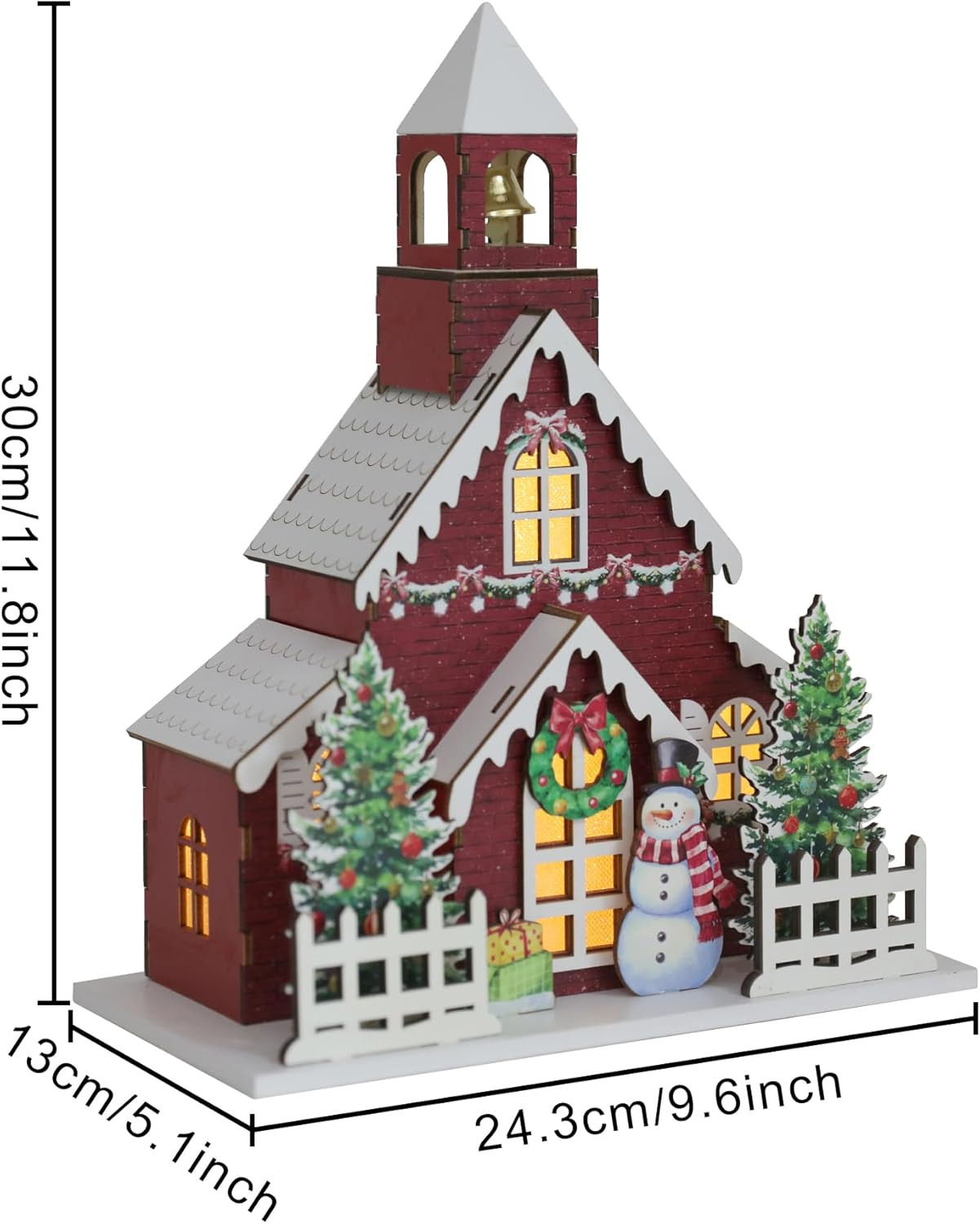 Wooden Lighted Christmas Church Decor | 11.8” Xmas Village Chapel with LED Lights & Snowman