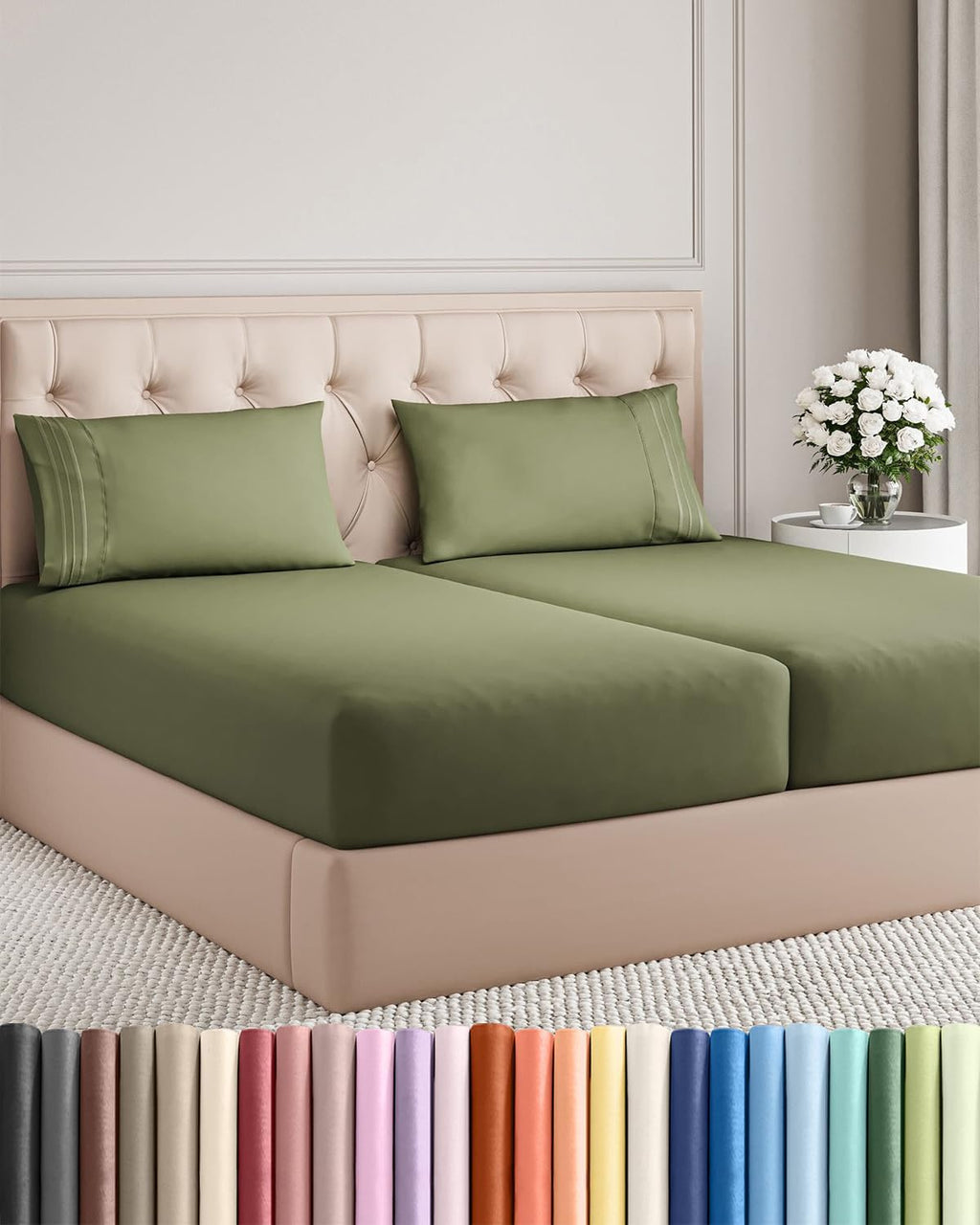 Split King Size Sheet Set by Hotel Luxury - Breathable & Cooling 5-Piece Bedding - Deep Pockets, Wrinkle-Free - Oeko-Tex Certified - Sage Green