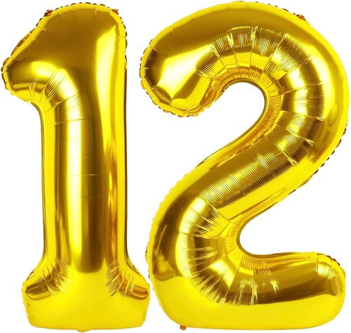 Gold Number 12 Balloon - 40 Inch Giant Foil Balloon for 12th Birthday Party Decorations