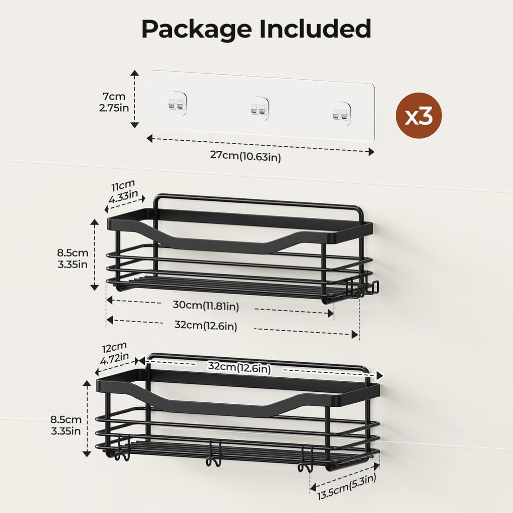 Orimade Shower Caddy Shelf - Rust Resistant Wall-Mounted Organizer with 5 Hooks | 2 Pack, Black