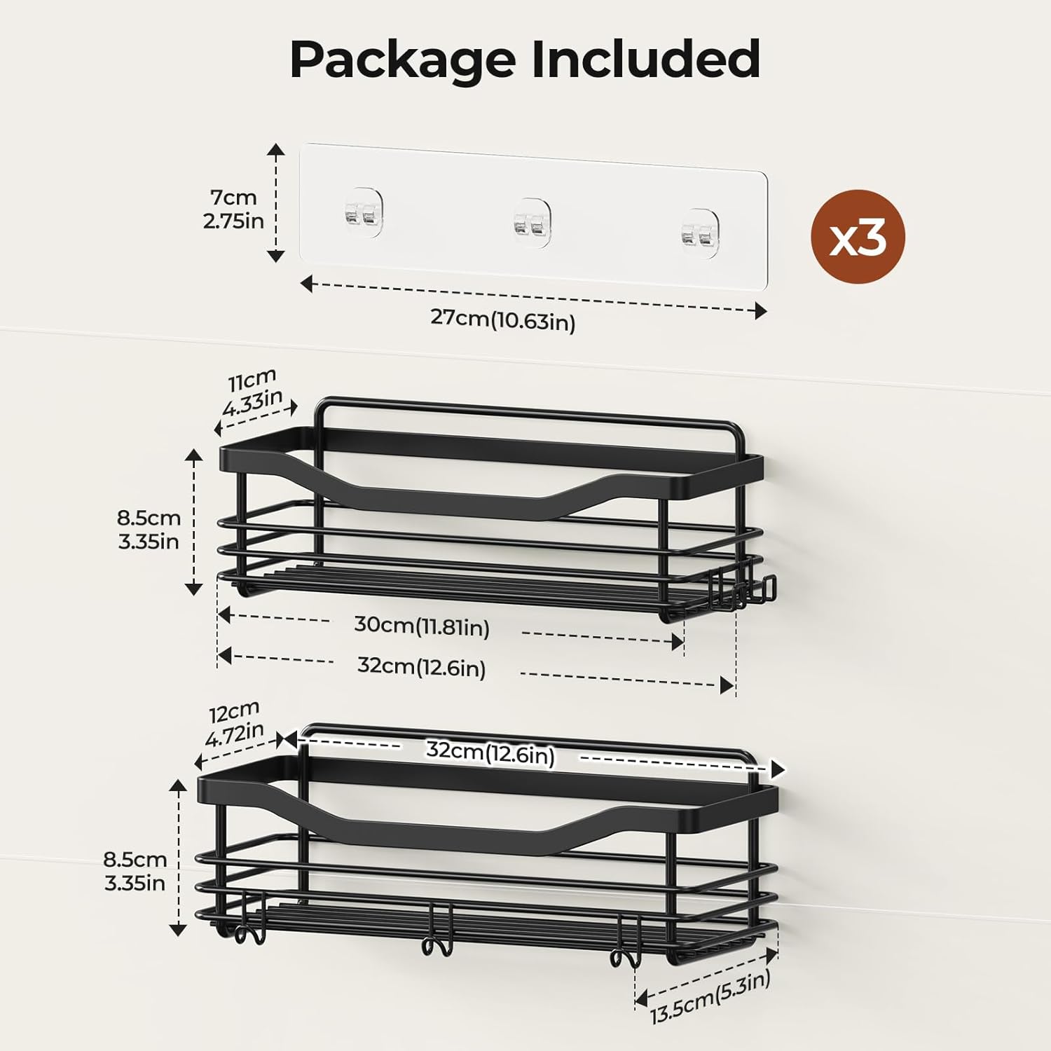 Orimade Shower Caddy Shelf - Rust Resistant Wall-Mounted Organizer with 5 Hooks | 2 Pack, Black