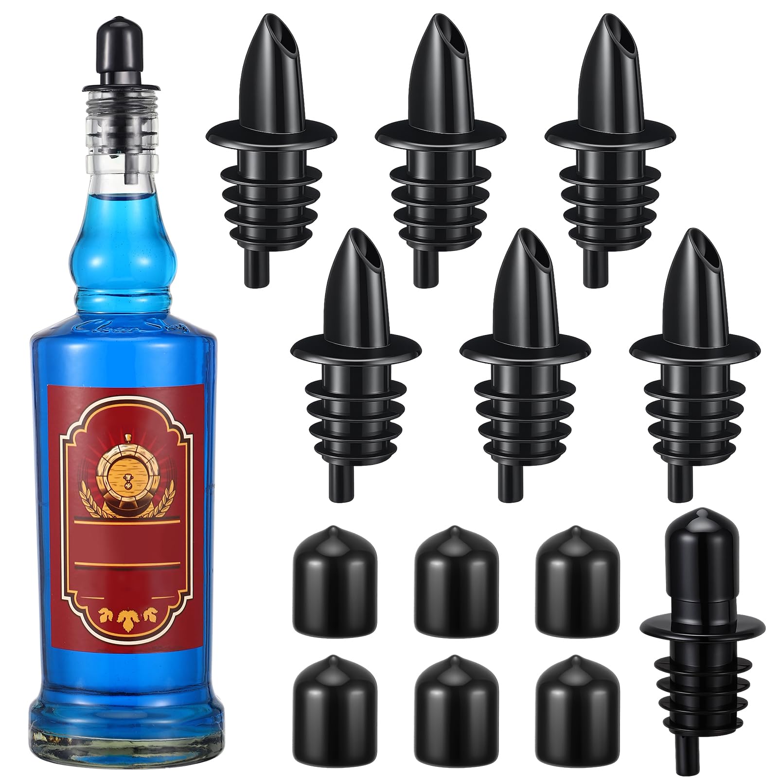 12 Pcs Bottle Pourers Syrup Pour Spouts Including Snow Cone Syrup Alcohol Liquor Bottle Pourers and Rubber Dust Cap Covers Dispenser Accessories