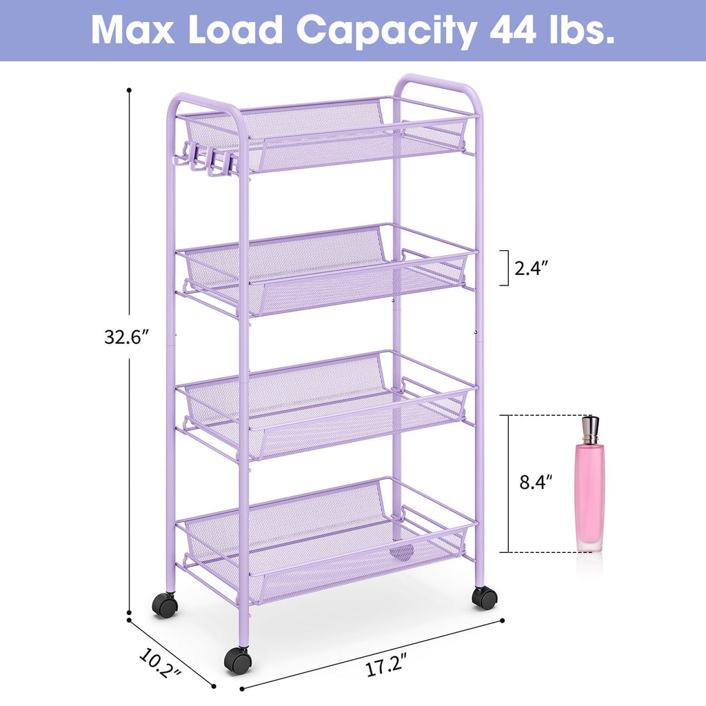 TOOLF 4-Tier Rolling Cart, Metal Utility Cart with 3 Hooks, Easy Assemble Mobile Storage Trolley On Wheels, Metal Shelving Units Kitchen Bathroom Laundry Room