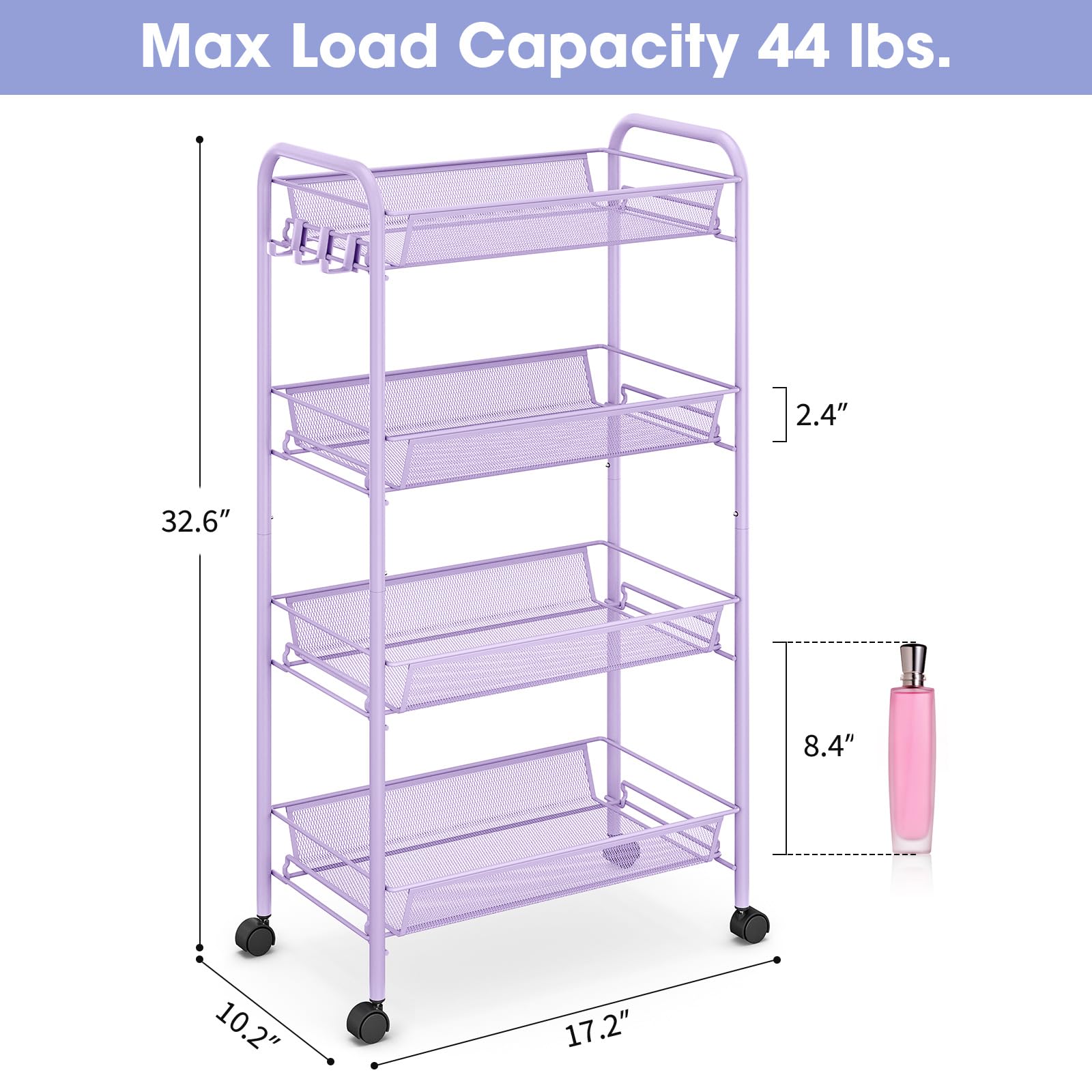 TOOLF 4-Tier Rolling Cart, Metal Utility Cart with 3 Hooks, Easy Assemble Mobile Storage Trolley On Wheels, Metal Shelving Units Kitchen Bathroom Laundry Room