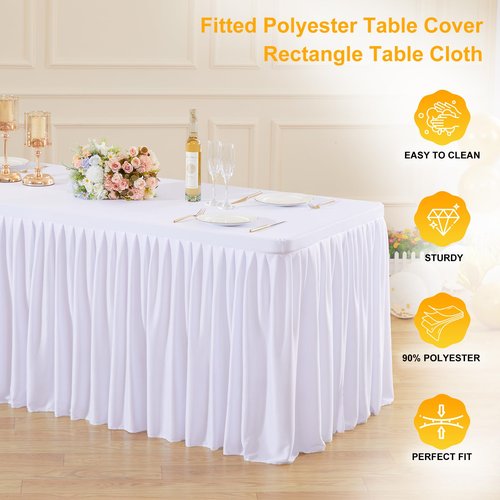 3 Pack White Polyester Table Clothes for 8 Foot Rectangle Tables, Wrinkle Free Fitted Table Cover with Pleated Ruffle Table Skirt for Birthday Party Wedding Trade Show Event Display