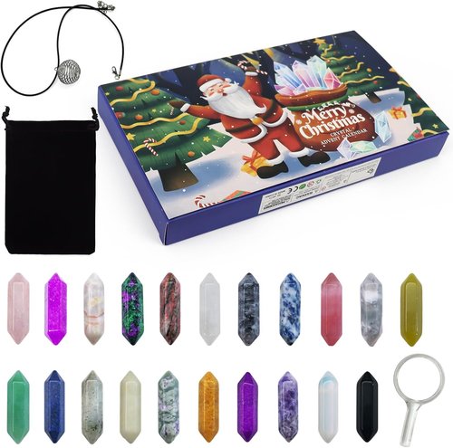 Christmas Crystal Advent Calendar 2025 - Healing Stones Kit with Necklace Holder & Magnifier | 24 Gemstone Boxes for Kids & Adults